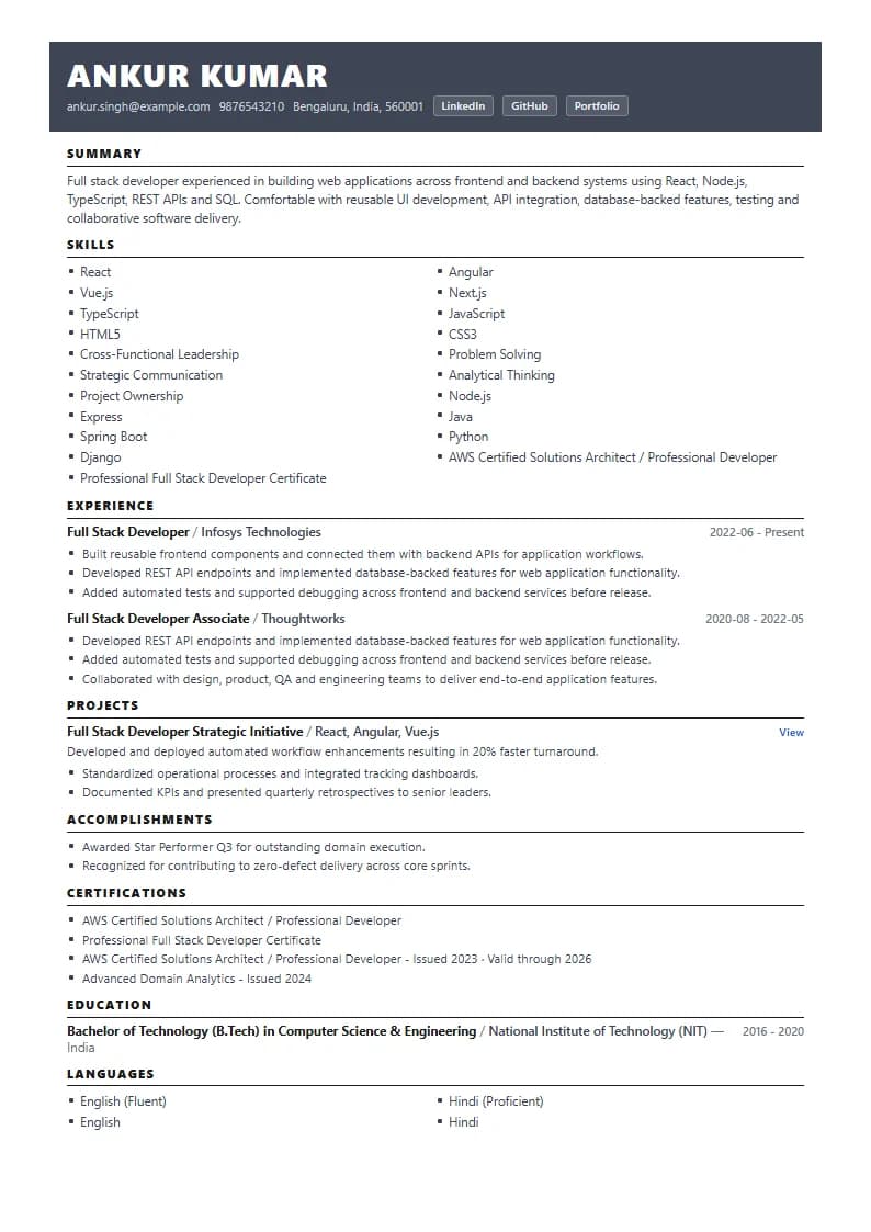 Full Stack Developer Resume Example using Corporate Elite Resume template layout