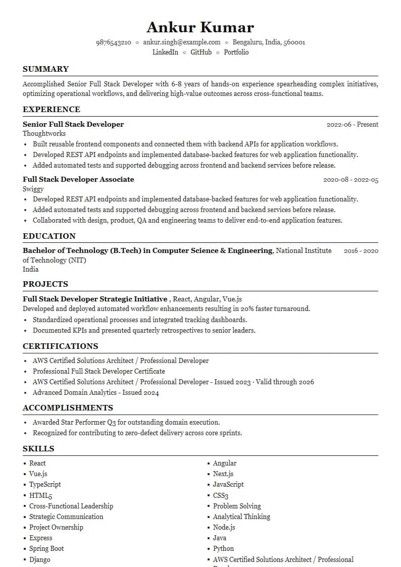 Senior Full Stack Developer Resume Example using Executive Onyx Gold template layout