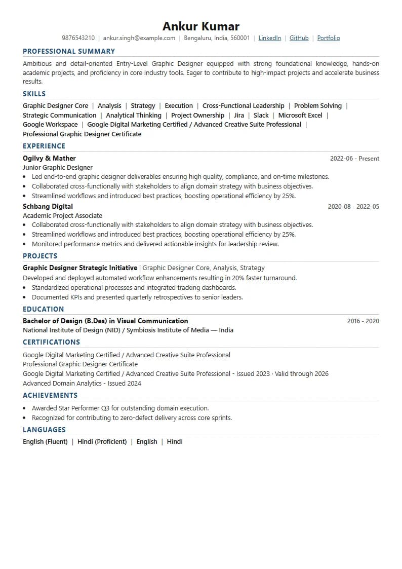 Entry-Level Graphic Designer Resume Example using Executive Onyx Gold template layout