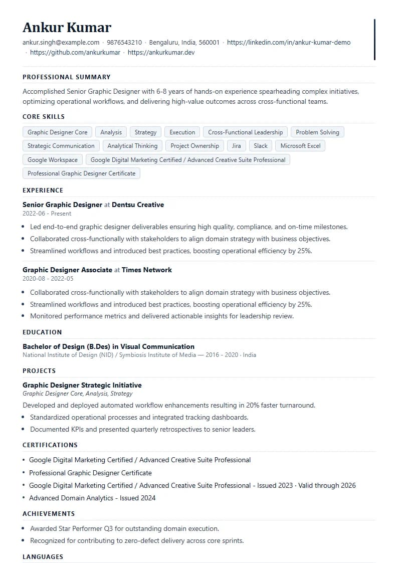 Senior Graphic Designer Resume Example using Mercator Marketing Executive template layout