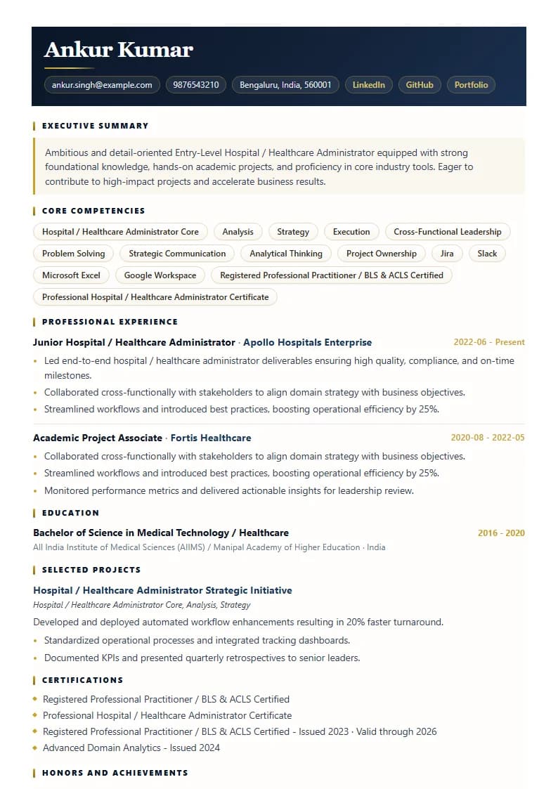 Entry-Level Hospital / Healthcare Administrator Resume Example using Mercator Marketing Executive template layout