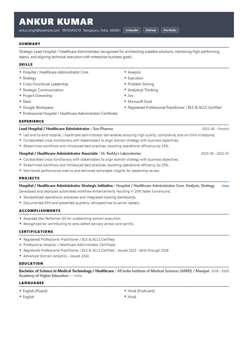 Lead Hospital / Healthcare Administrator Resume Example using Compact Professional Azure template layout