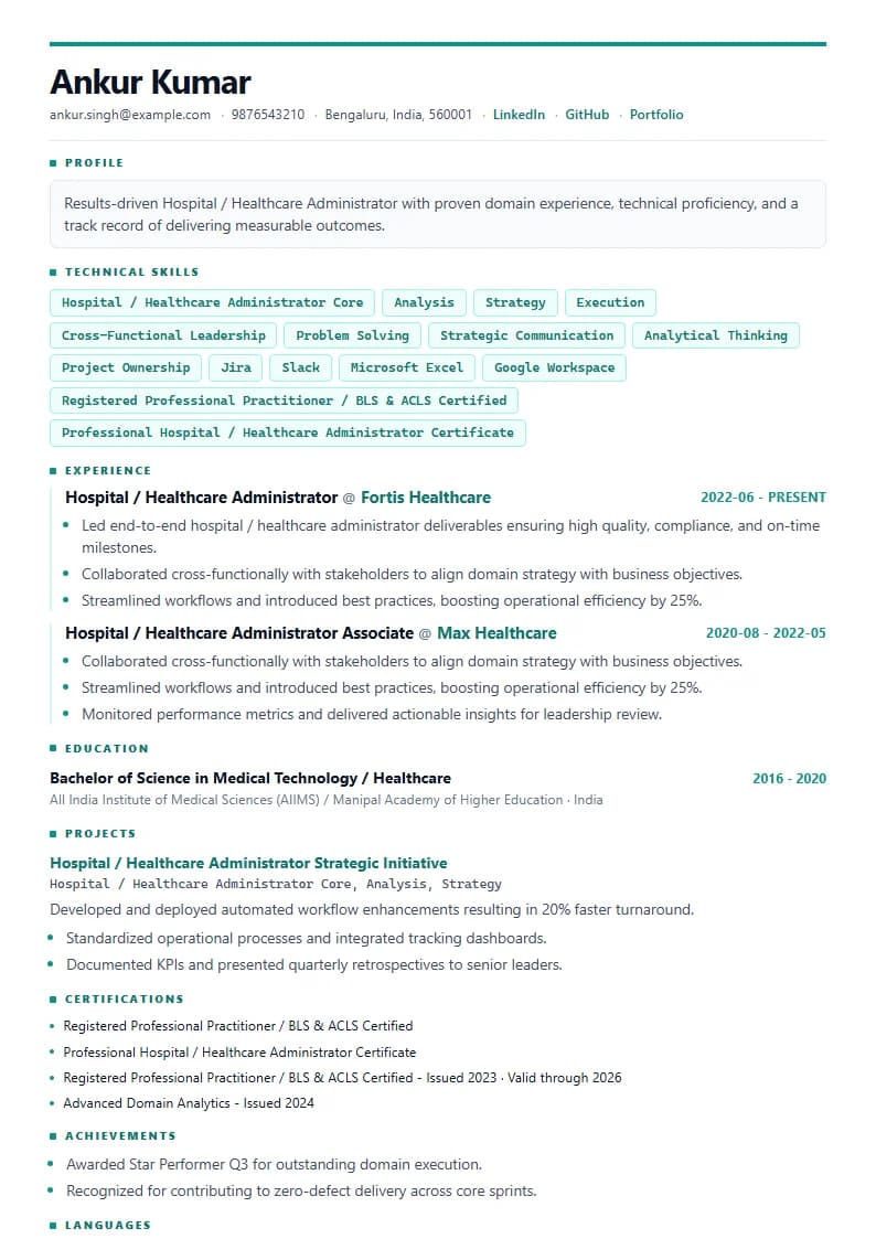 Hospital / Healthcare Administrator Resume Example using Crisp Column Slate template layout