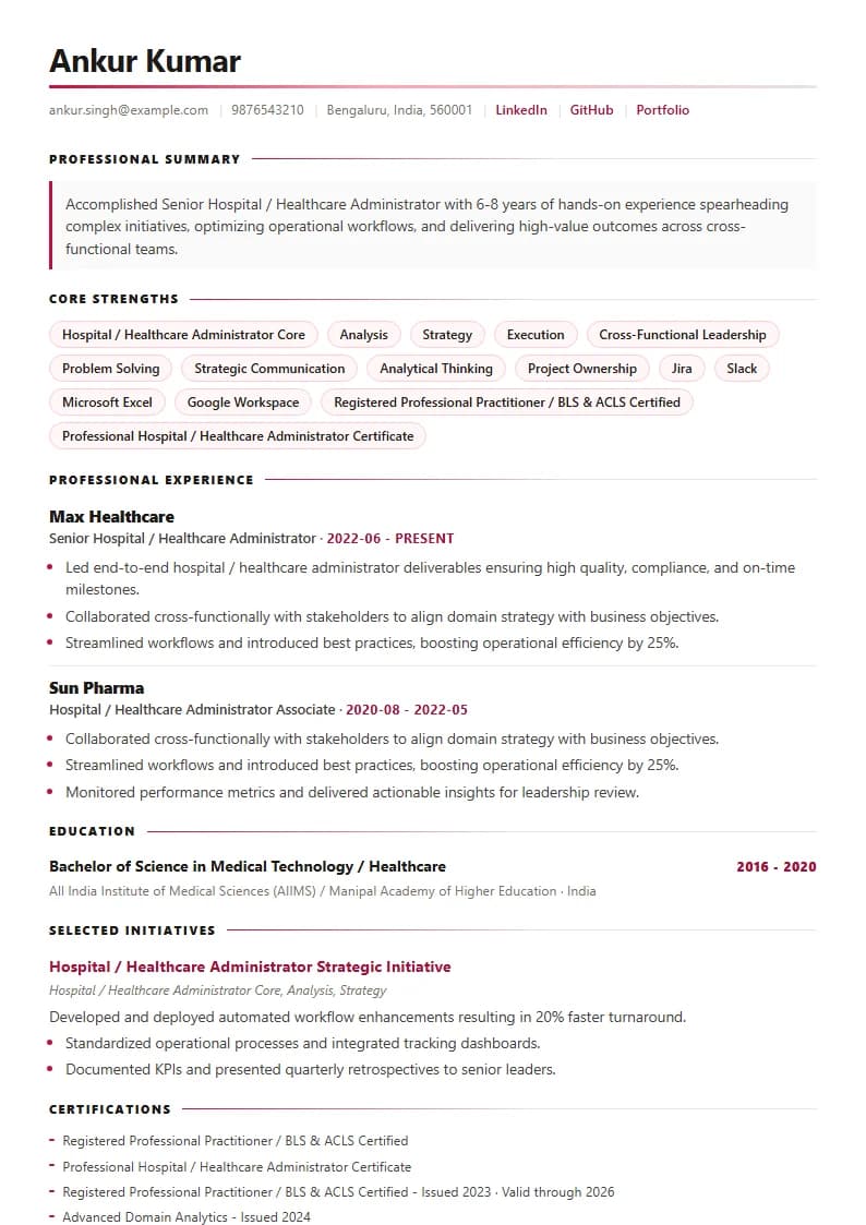 Senior Hospital / Healthcare Administrator Resume Example using Timeless Serif Classic template layout