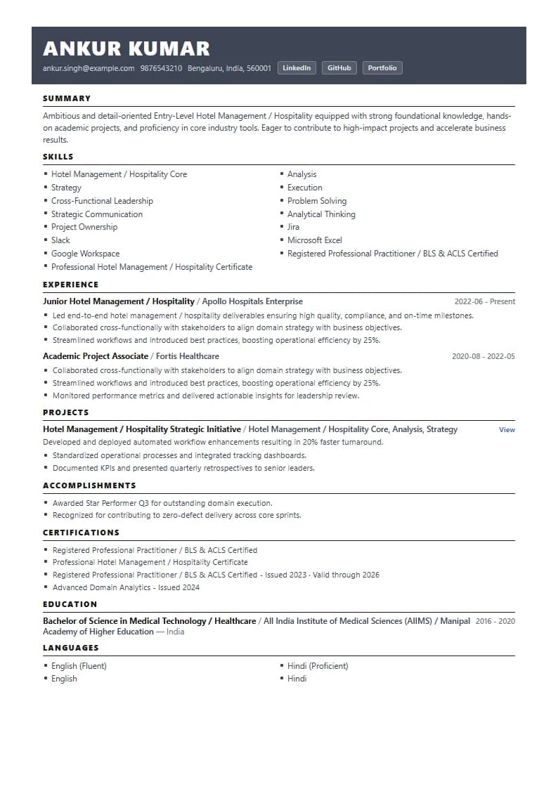 Entry-Level Hotel Management / Hospitality Resume Example using Timeless Serif Classic template layout
