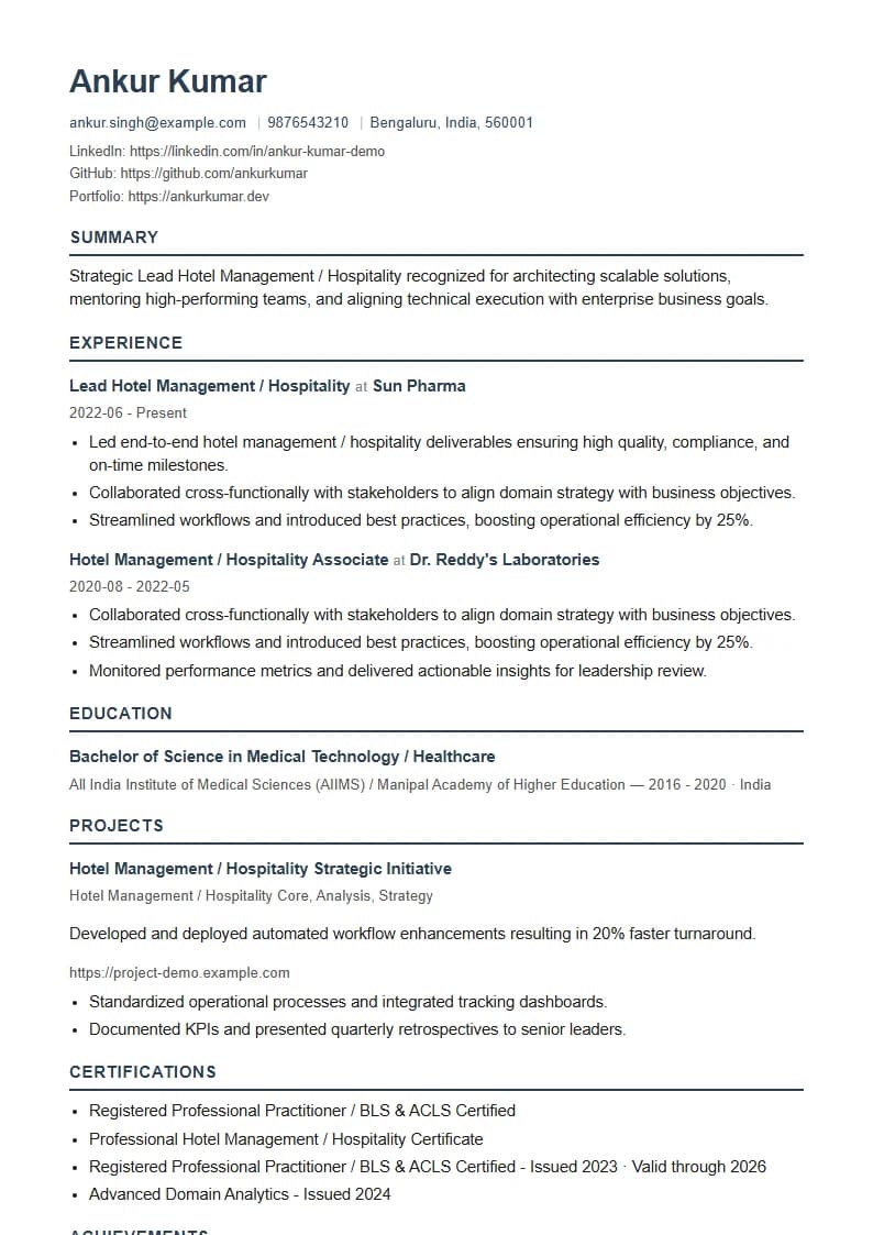 Lead Hotel Management / Hospitality Resume Example using Corporate Elite Resume template layout