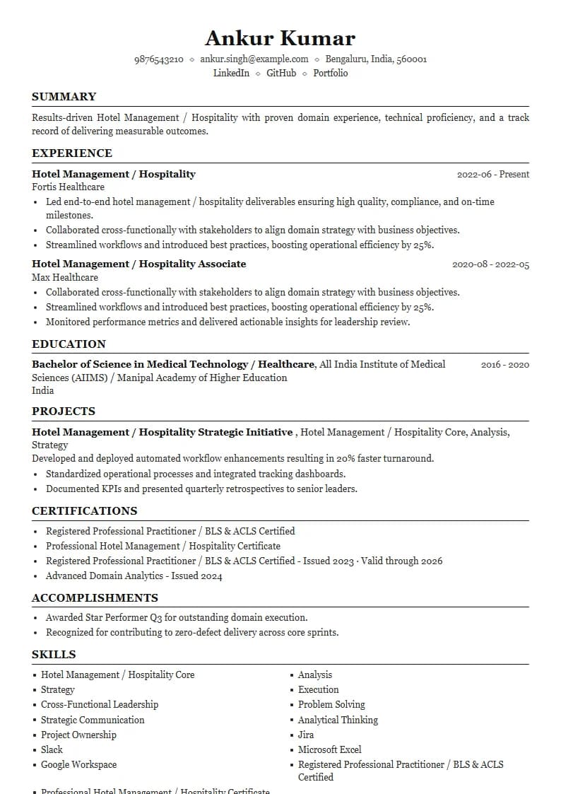 Hotel Management / Hospitality Resume Example using Compact Professional Azure template layout