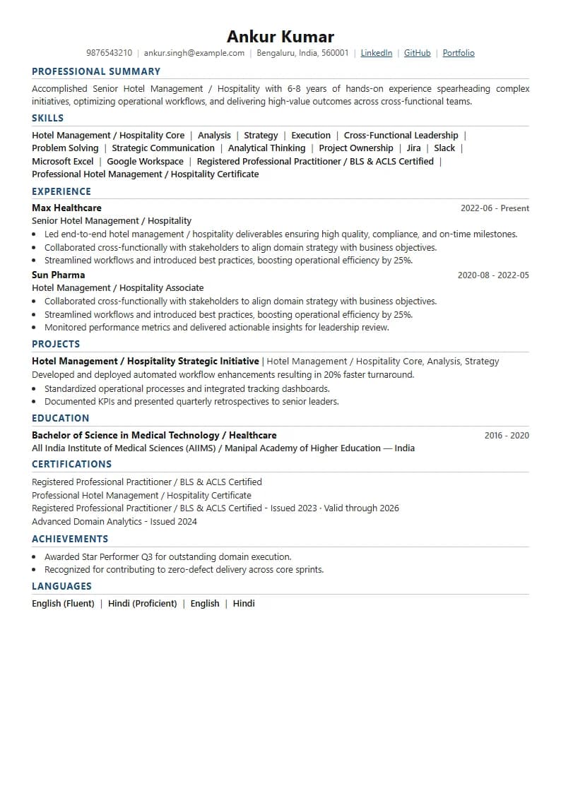 Senior Hotel Management / Hospitality Resume Example using Modern Professional template layout