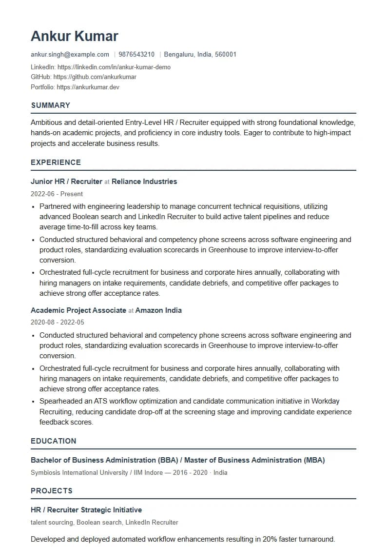 Entry-Level HR / Recruiter Resume Example using Modern Professional template layout
