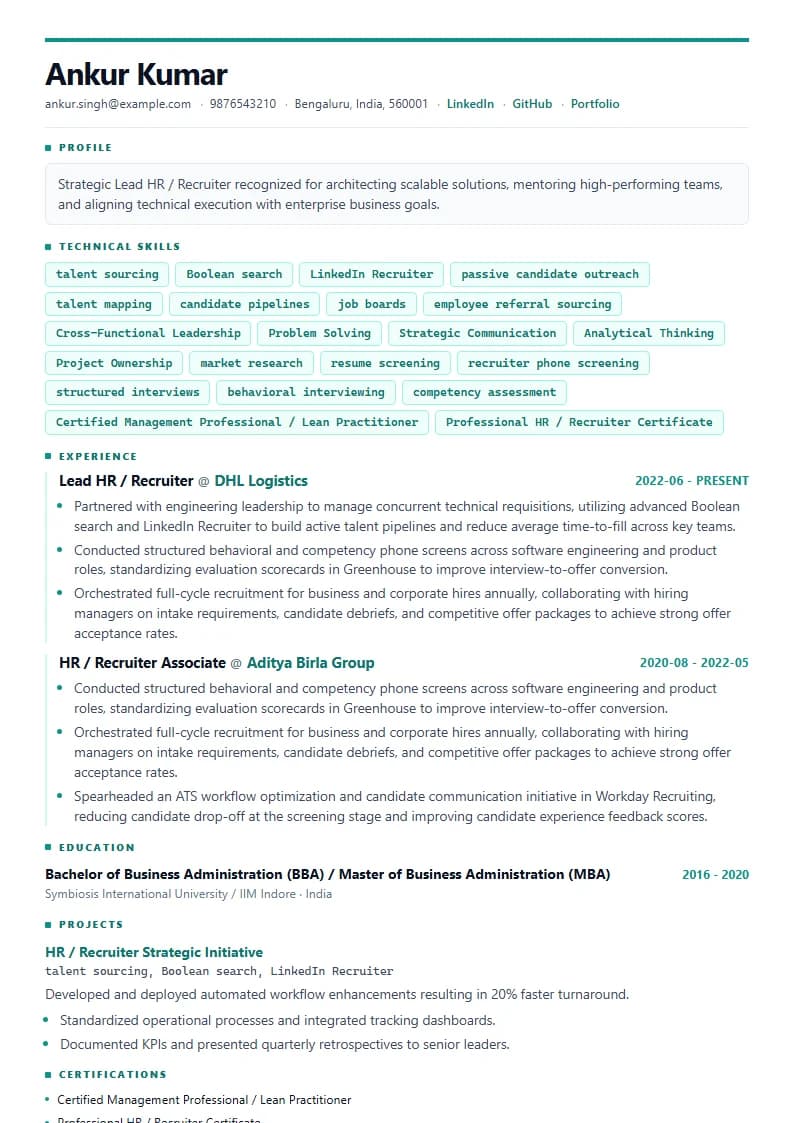 Lead HR / Recruiter Resume Example using Silicon Teal Meridian template layout