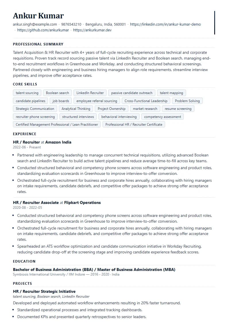 HR / Recruiter Resume Example using Corporate Elite Resume template layout