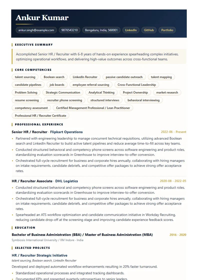 Senior HR / Recruiter Resume Example using Executive Onyx Gold template layout