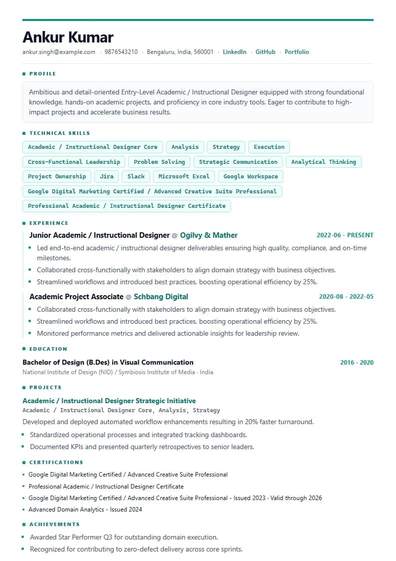 Entry-Level Academic / Instructional Designer Resume Example using Executive Onyx Gold template layout