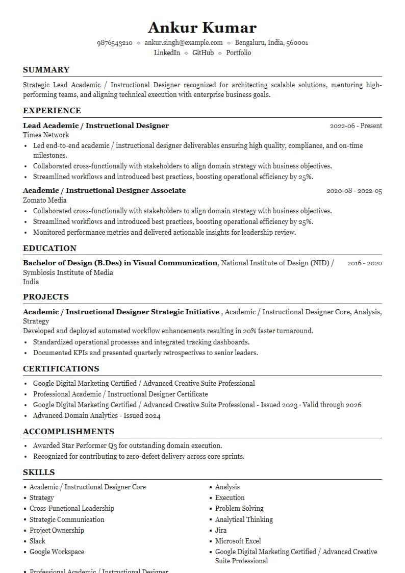 Lead Academic / Instructional Designer Resume Example using Crisp Column Slate template layout