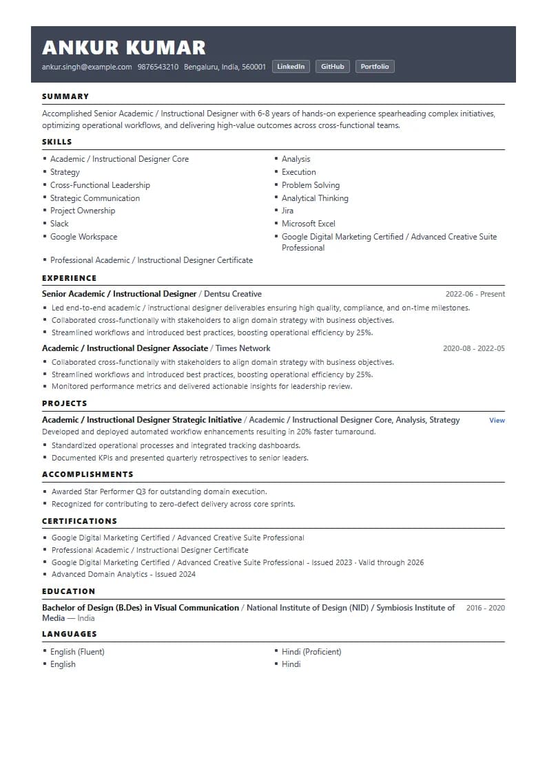 Senior Academic / Instructional Designer Resume Example using Mercator Marketing Executive template layout