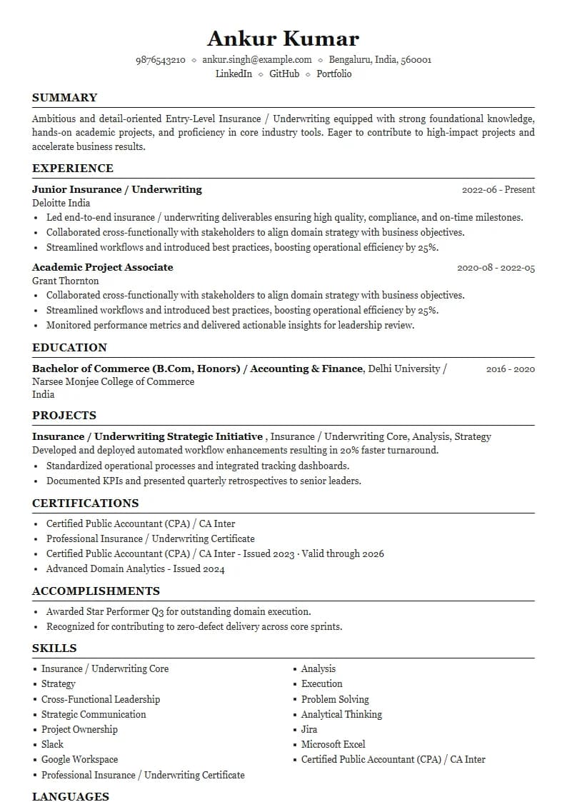 Entry-Level Insurance / Underwriting Resume Example using Mercator Marketing Executive template layout