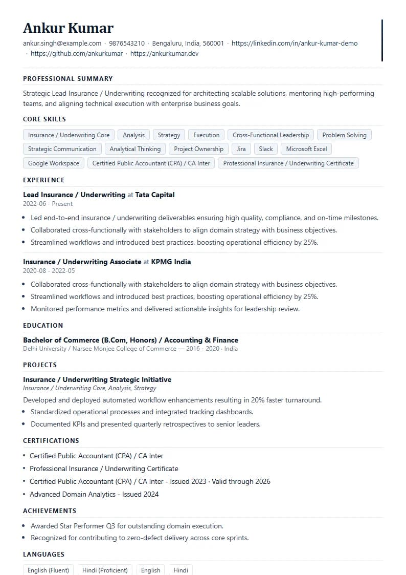 Lead Insurance / Underwriting Resume Example using Compact Professional Azure template layout