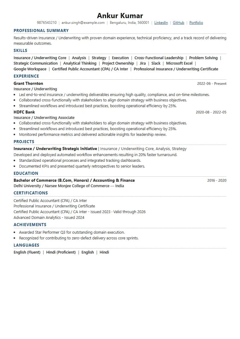 Insurance / Underwriting Resume Example using Crisp Column Slate template layout