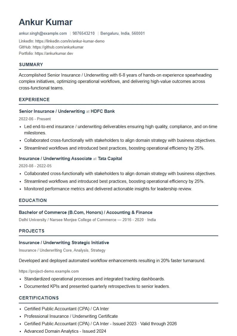 Senior Insurance / Underwriting Resume Example using Timeless Serif Classic template layout