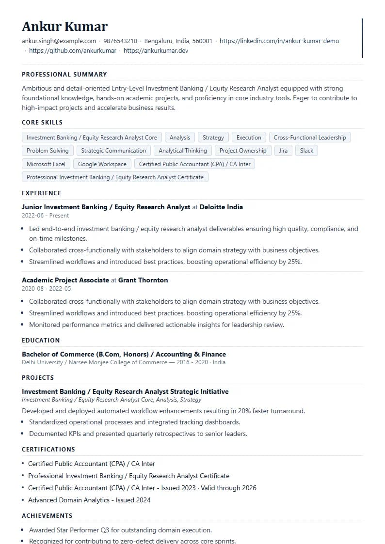 Entry-Level Investment Banking / Equity Research Analyst Resume Example using Timeless Serif Classic template layout