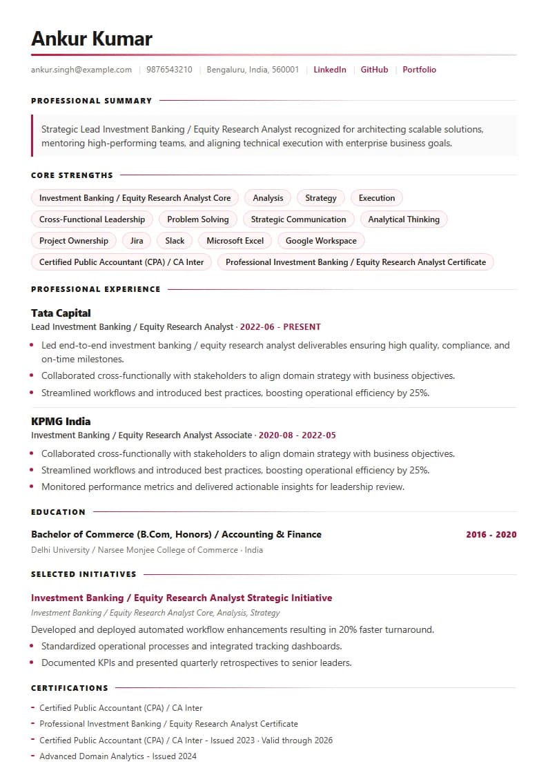 Lead Investment Banking / Equity Research Analyst Resume Example using Corporate Elite Resume template layout