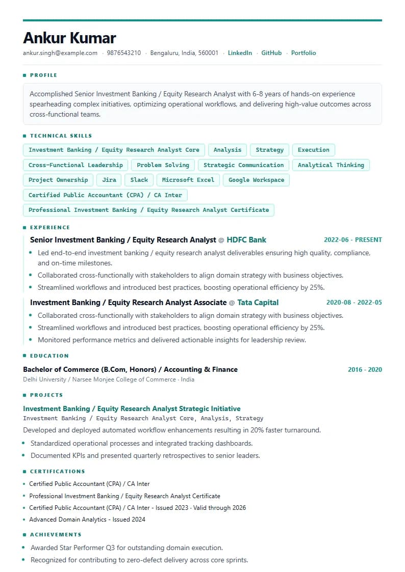 Senior Investment Banking / Equity Research Analyst Resume Example using Modern Professional template layout