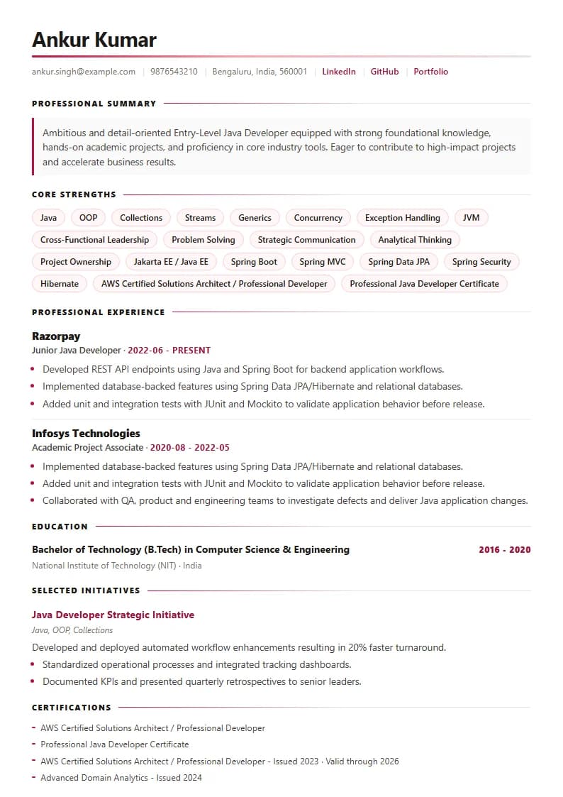 Entry-Level Java Developer Resume Example using Modern Professional template layout