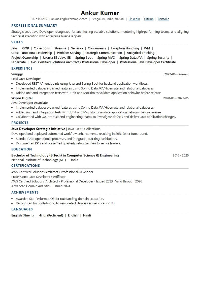 Lead Java Developer Resume Example using Silicon Teal Meridian template layout
