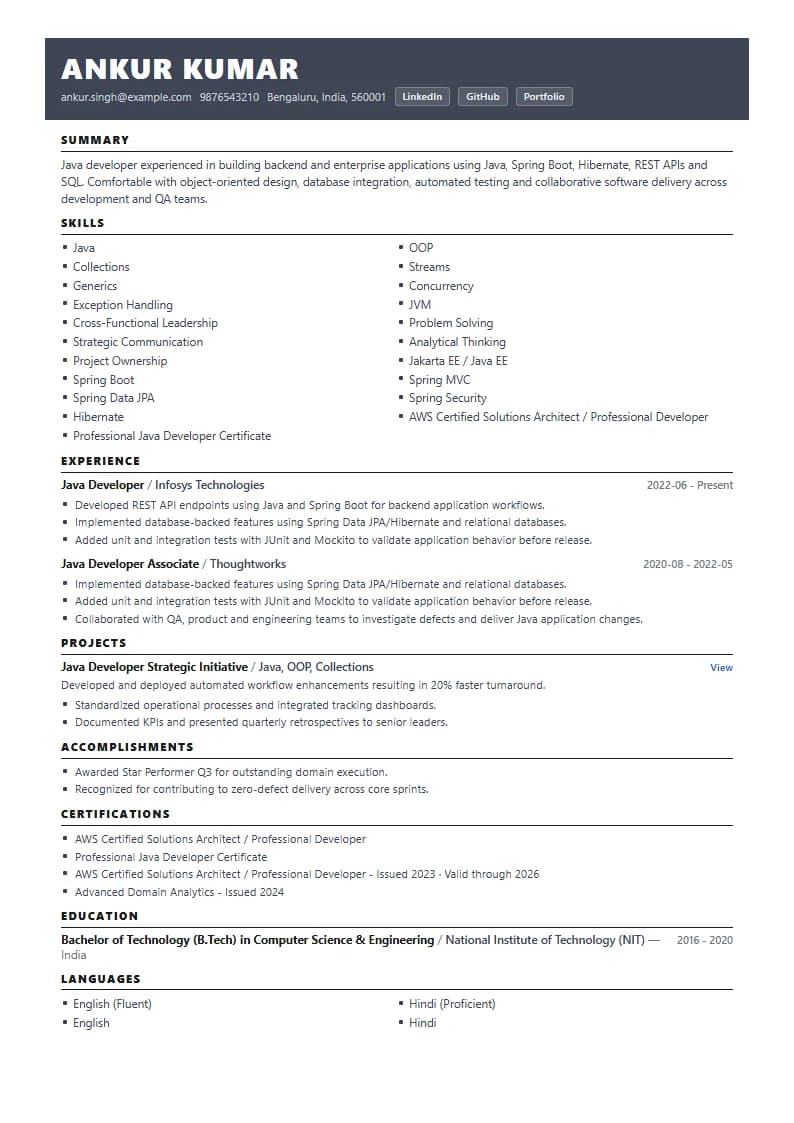 Java Developer Resume Example using Corporate Elite Resume template layout