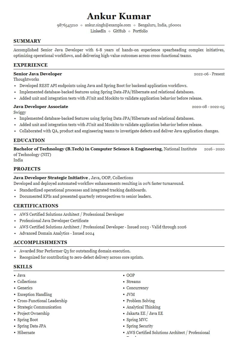 Senior Java Developer Resume Example using Executive Onyx Gold template layout