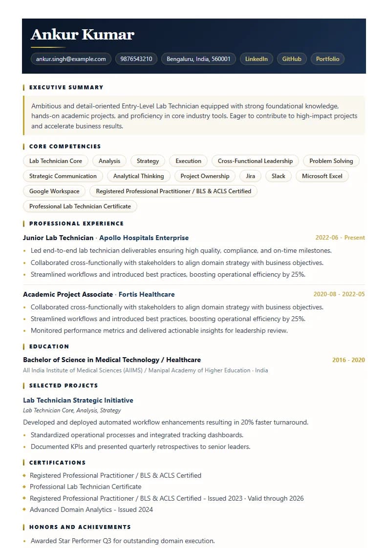 Entry-Level Lab Technician Resume Example using Mercator Marketing Executive template layout