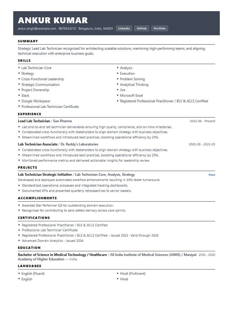 Lead Lab Technician Resume Example using Compact Professional Azure template layout