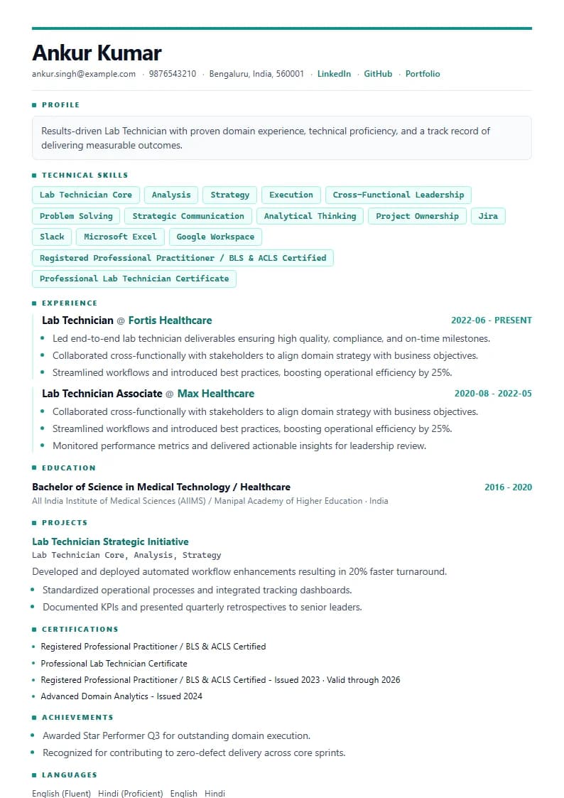 Lab Technician Resume Example using Crisp Column Slate template layout
