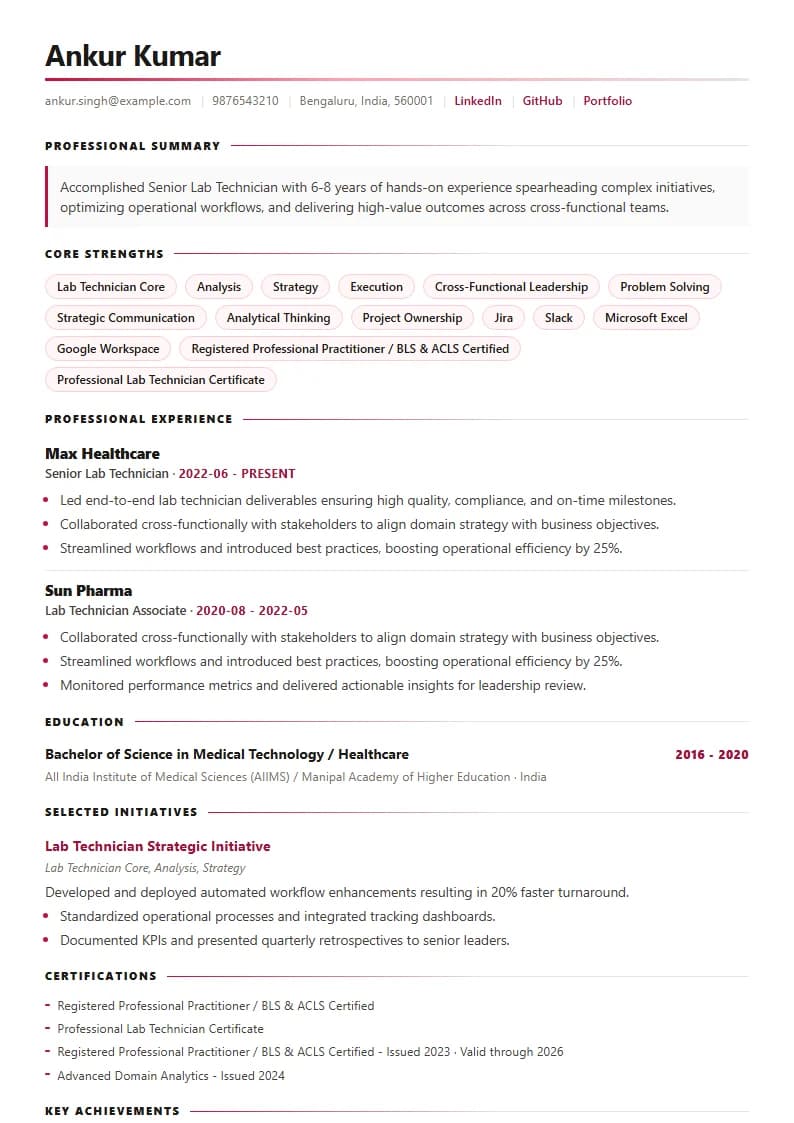 Senior Lab Technician Resume Example using Timeless Serif Classic template layout