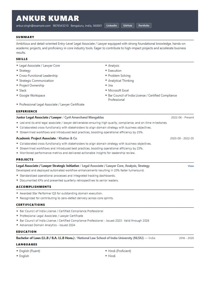 Entry-Level Legal Associate / Lawyer Resume Example using Timeless Serif Classic template layout