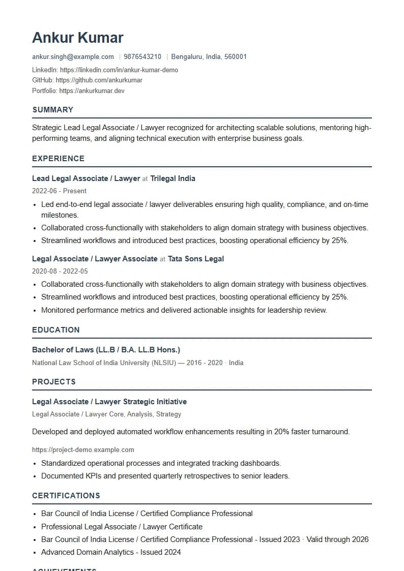 Lead Legal Associate / Lawyer Resume Example using Corporate Elite Resume template layout