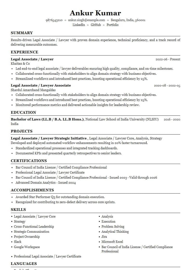 Legal Associate / Lawyer Resume Example using Compact Professional Azure template layout