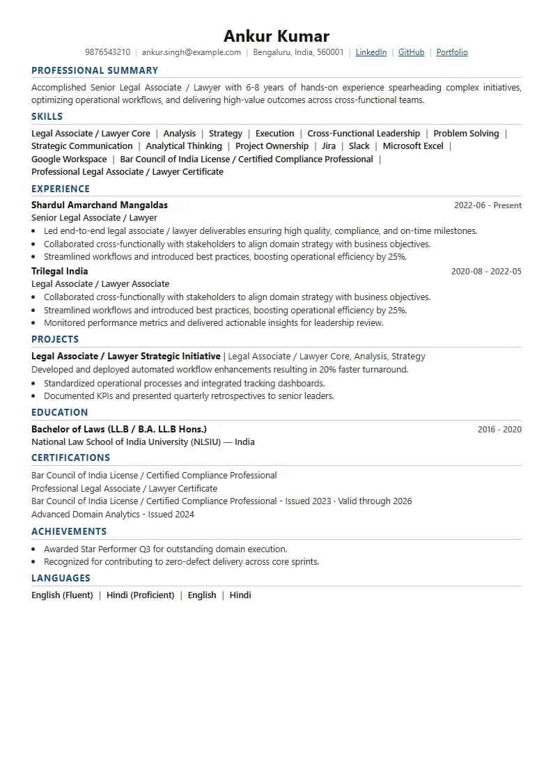 Senior Legal Associate / Lawyer Resume Example using Modern Professional template layout