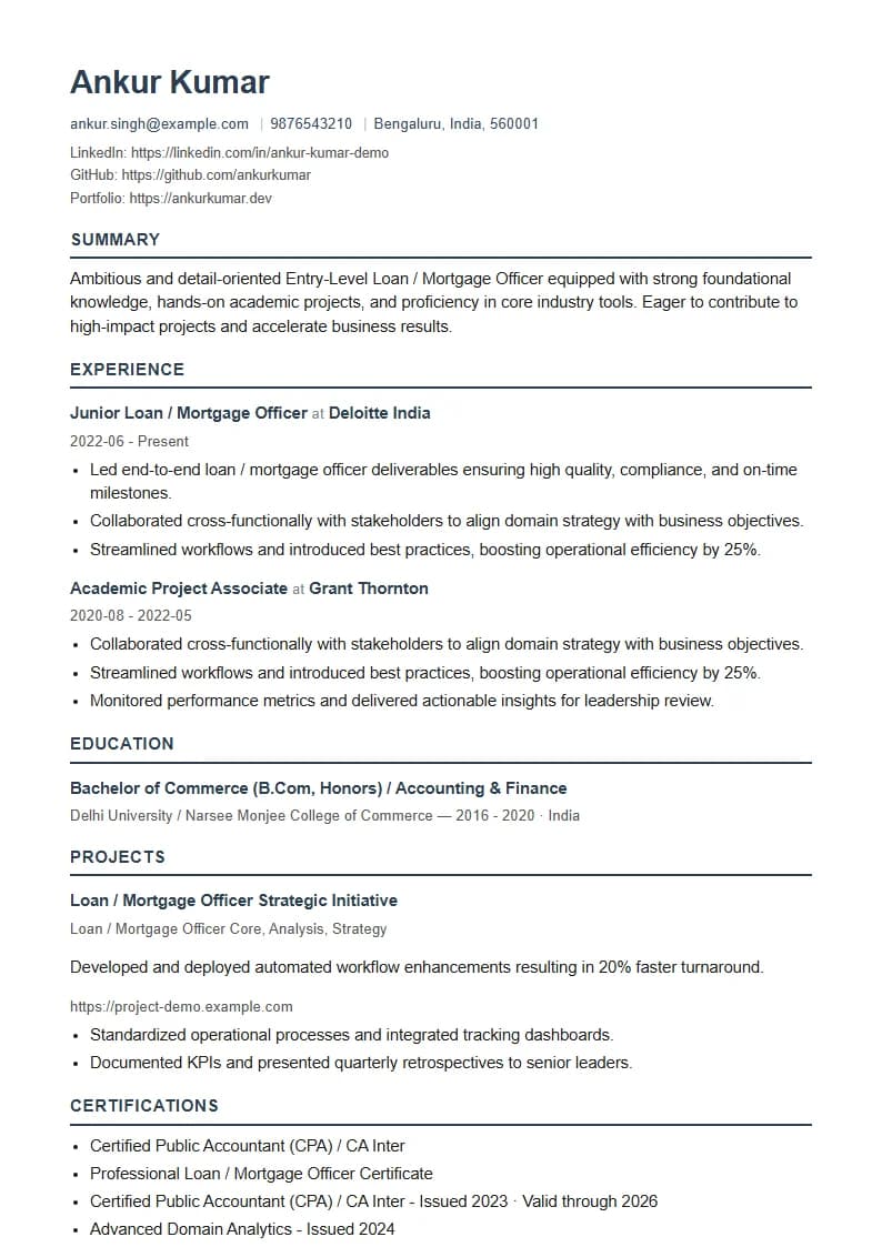 Entry-Level Loan / Mortgage Officer Resume Example using Modern Professional template layout