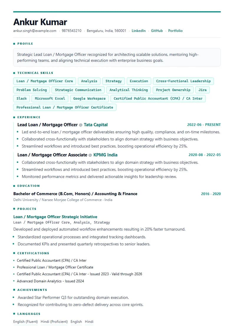 Lead Loan / Mortgage Officer Resume Example using Silicon Teal Meridian template layout