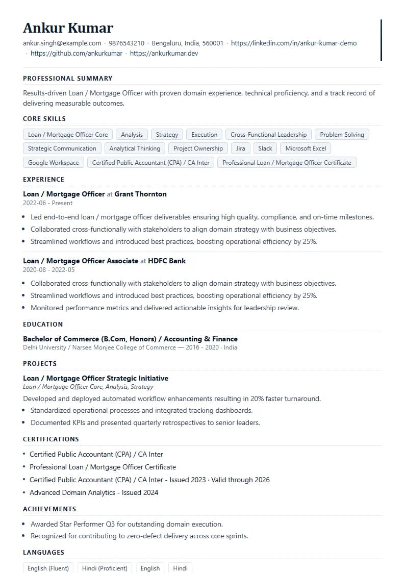 Loan / Mortgage Officer Resume Example using Corporate Elite Resume template layout