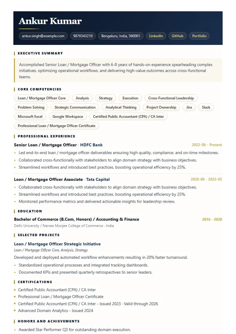 Senior Loan / Mortgage Officer Resume Example using Executive Onyx Gold template layout