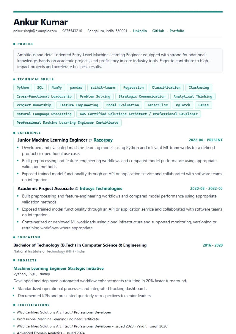 Entry-Level Machine Learning Engineer Resume Example using Executive Onyx Gold template layout