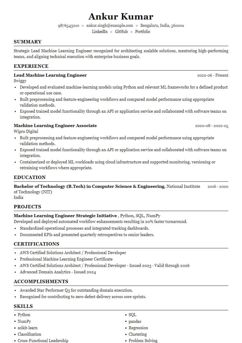 Lead Machine Learning Engineer Resume Example using Crisp Column Slate template layout