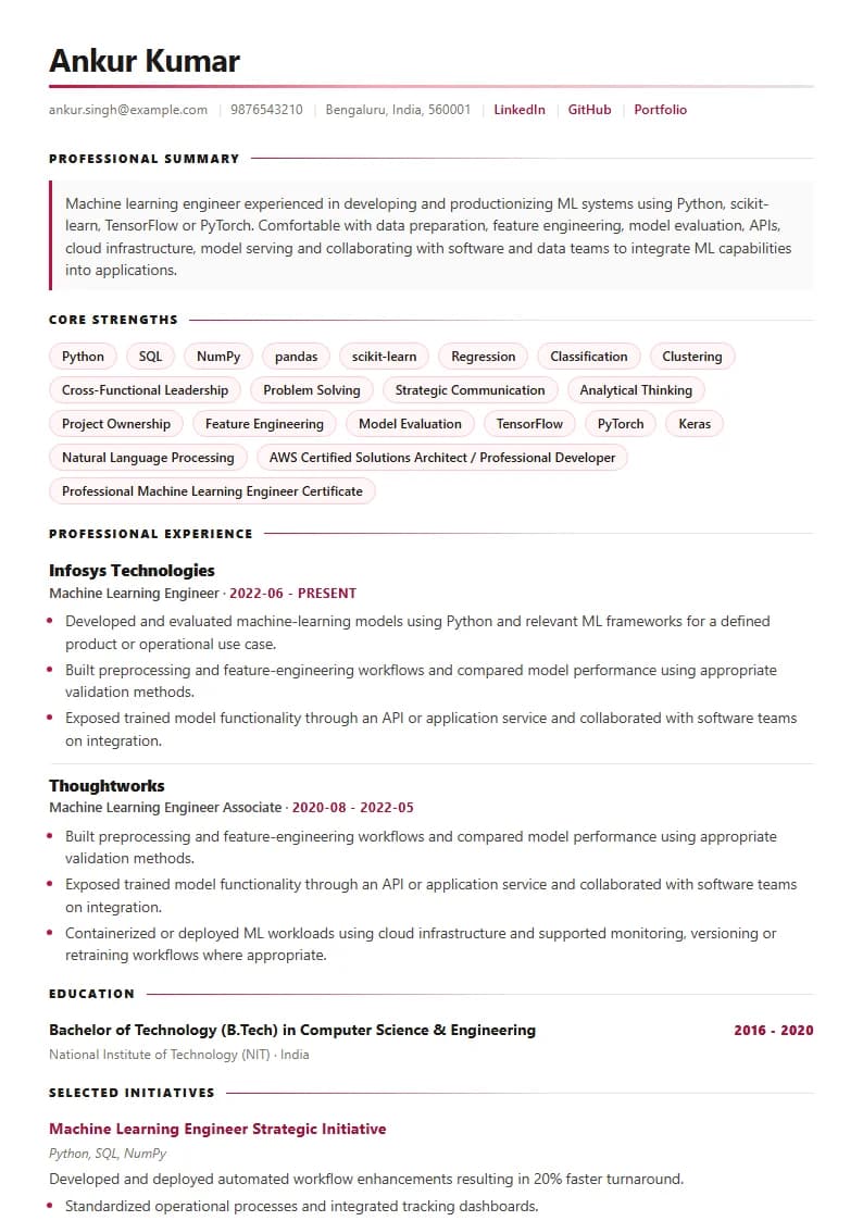 Machine Learning Engineer Resume Example using Silicon Teal Meridian template layout
