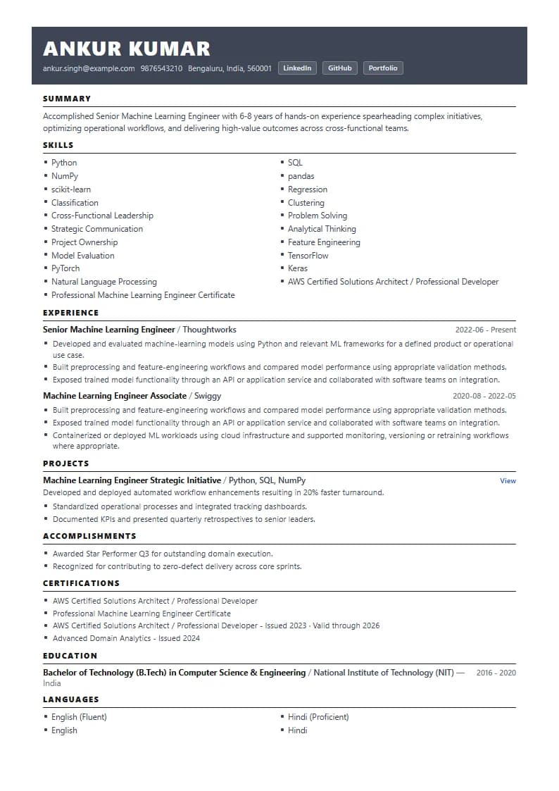 Senior Machine Learning Engineer Resume Example using Mercator Marketing Executive template layout