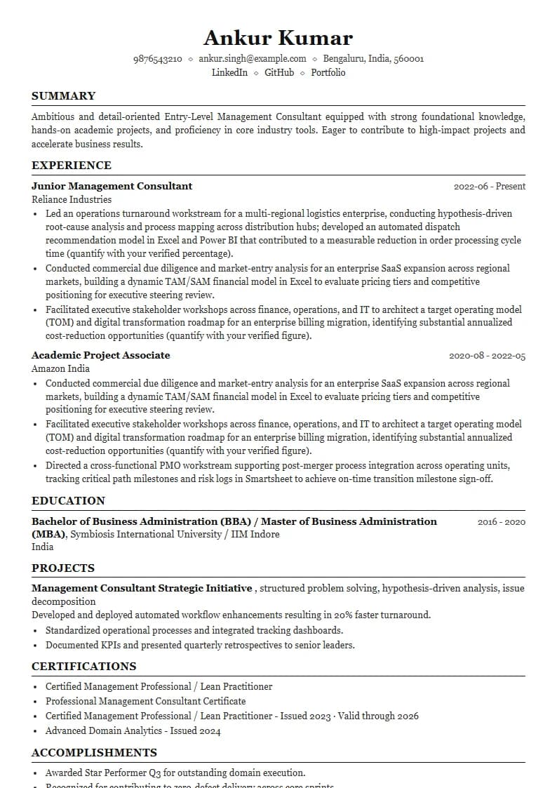 Entry-Level Management Consultant Resume Example using Mercator Marketing Executive template layout