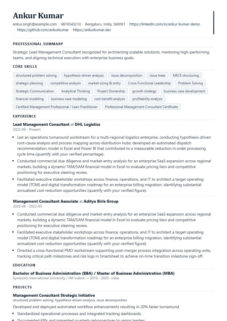 Lead Management Consultant Resume Example using Compact Professional Azure template layout