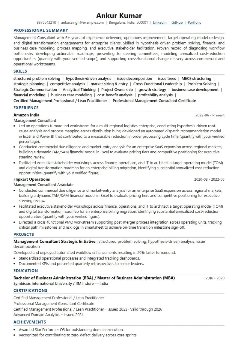 Management Consultant Resume Example using Crisp Column Slate template layout