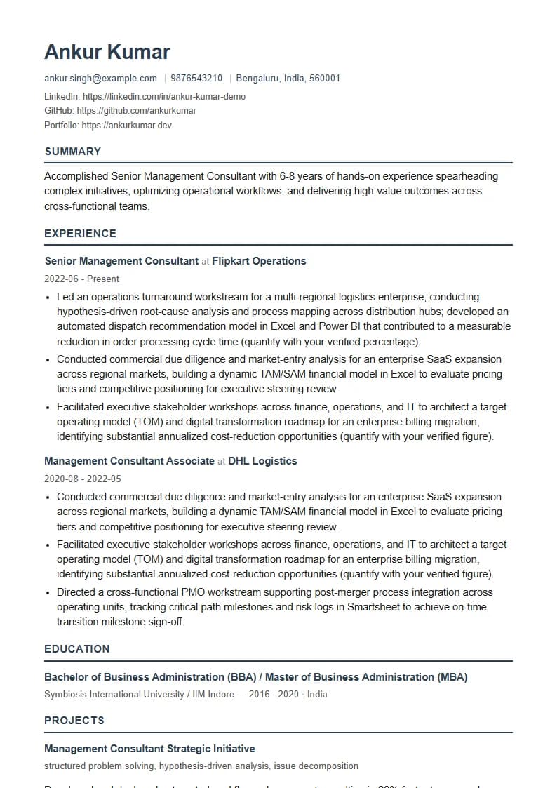 Senior Management Consultant Resume Example using Timeless Serif Classic template layout